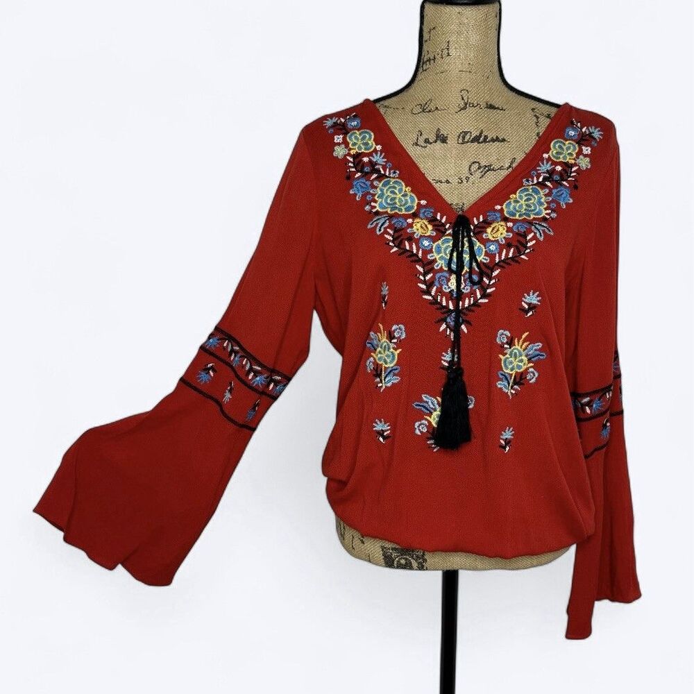 Vtg Beige Eci Embroidered Peasant Top Sz S Red Floral Bell Sleeve Boho Festival